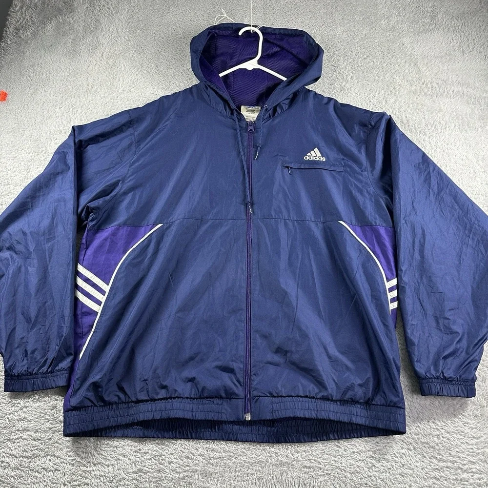 Adidas Track Jacket Mens XL Blue Hooded‎ Colorblock Mesh Liner Elastic 90s Y2K
